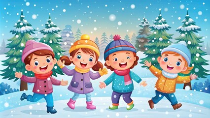 Happy cartoon children bundled up in winter gear, playing and laughing together in a snowy forest, surrounded by colorful trees and sparkling snowflakes.