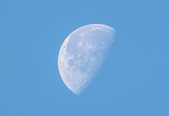 Detailed Gibbous Moon in the Morning sky. Crescent Moon on blue sky
