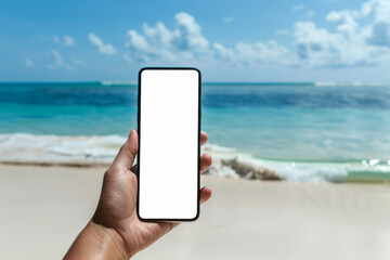 Hand holding phone with beach background