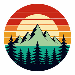 Obraz premium Vintage Sunset with Pine Trees and Mountain Reflection Art vector illustration
