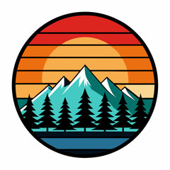 Vintage Sunset with Pine Trees and Mountain Reflection  Art vector illustration