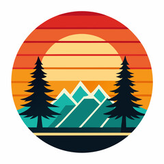 Vintage Sunset with Pine Trees and Mountain Reflection  Art vector illustration