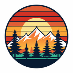 Vintage Sunset with Pine Trees and Mountain Reflection  Art vector illustration