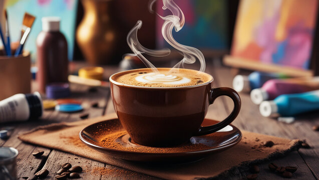 Cup of coffee on a table with Arts Background 2024