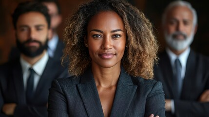 Fototapeta premium dynamic photo collage featuring confident business professionals of diverse backgrounds standing with crossed arms in modern office settings exuding success and leadership