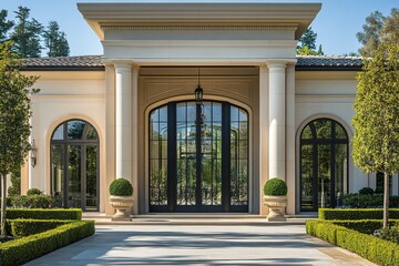 Elegant mansion front with symmetrical design and topiary garden