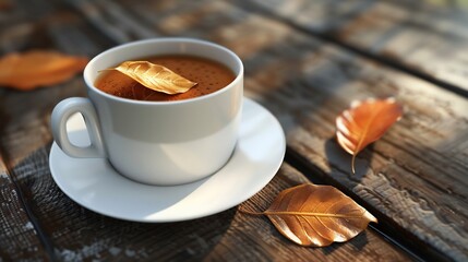 Coffee Cup with Golden Leaf on Wooden Table