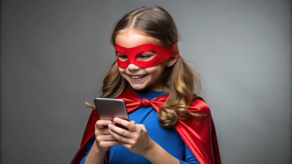 Happy young girl in superhero attire and mask holds smartphone, browsing online, with a big smile, against a plain gray background, feeling empowered.
