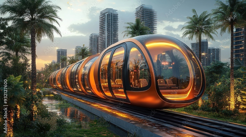 Poster Futuristic Train in a Tropical Cityscape