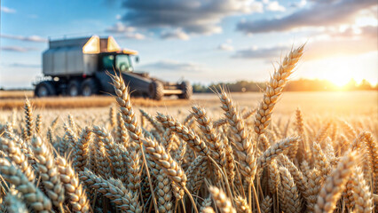 Combine harvester working in wheat field under setting sun