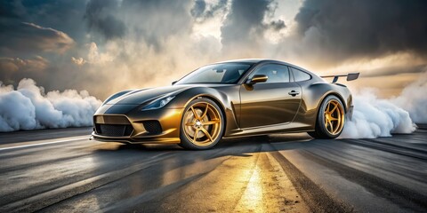 High-performance racing car with sleek gold wheels stationary on a grey cement road, emitting smoke from its brake system, conveying a sense of car trouble.