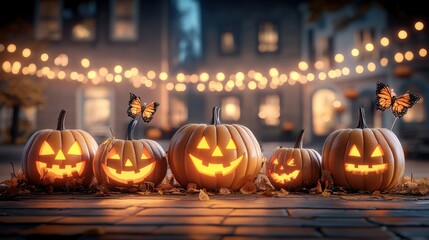 Fototapeta premium Halloween pumpkins in town center with warm lights, festive 3D render