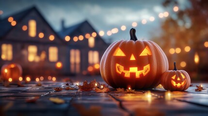 Fototapeta premium Halloween pumpkins in town center with warm lights, festive 3D render