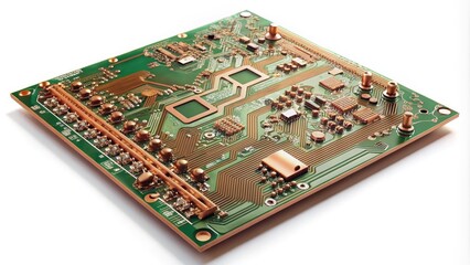 High-quality printed circuit board with intricate copper pathways and components, freshly fabricated and awaiting assembly, on a clean white background with subtle shadows.
