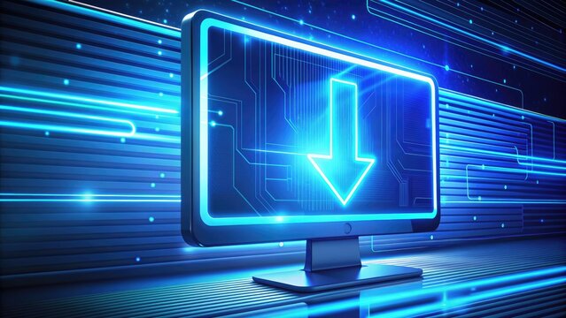 High-tech background with glowing blue lines and codes on a computer screen, displaying a progress bar for a file download in process.