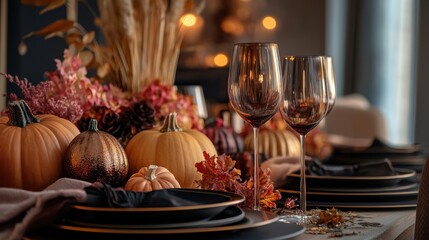 Obraz premium Stylish autumn table setting with pumpkins and wildflowers for a gathering