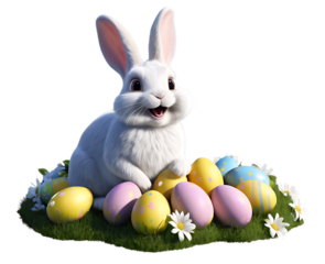 Easter bunny with colorful Easter eggs transparent PNG, Rabbit with eggs