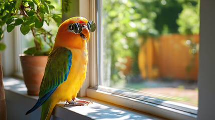 Sunlit Parrot with Sunglasses Perched on a Windowsill Overlooking Garden