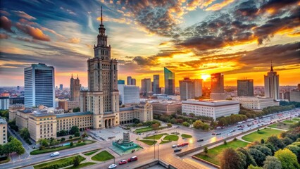 Obraz premium Historic cityscape of Warsaw, Poland at sunset, featuring the majestic Palace of Culture and Science, surrounded by vibrant street life and modern skyscrapers.