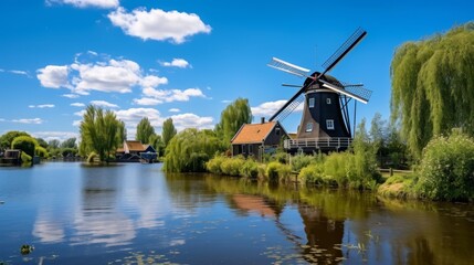 Fototapeta premium Charming Windmill by a Canal in the Dutch Countryside