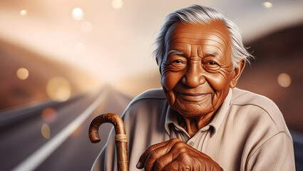 Obraz premium an old man with a cane was smiling