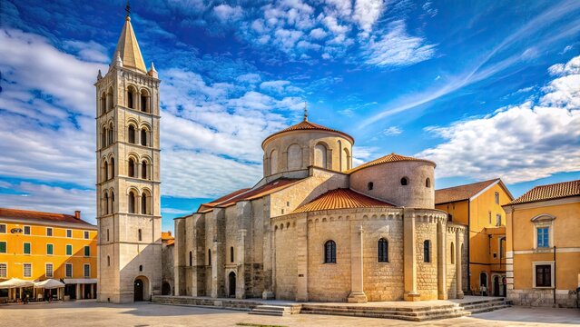 Historic Church of St. Donatus in Zadar, Croatia, showcasing its stunning Romanesque architecture, bell tower, and ornate stone carvings against a blue sky backdrop.