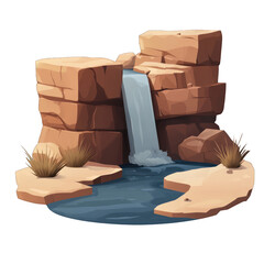 A serene waterfall cascades over rugged rocks into a tranquil pool, surrounded by arid terrain and sparse vegetation. transparent background