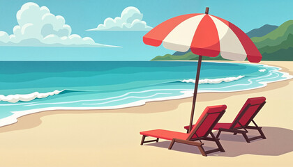 Beach Loungers with Umbrella Inviting Relaxation against Turquoise Ocean Landscape