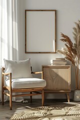 Cozy room with a framed poster mockup, wooden furniture, natural decor, showcasing a stylish home