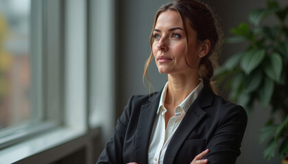 Fototapeta premium Confident businesswoman with contemplative expression looking out office window