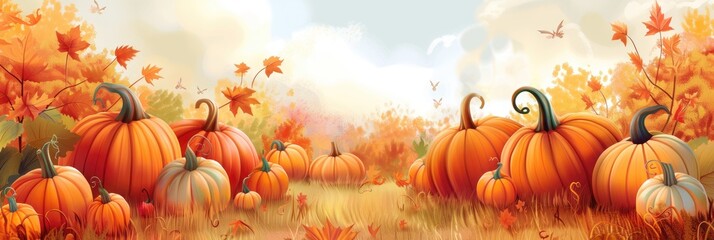 A whimsical banner featuring a pumpkin patch scene, with pumpkins of various sizes and colors, and a clear area for adding custom messages