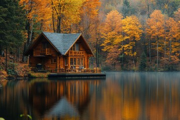 Autumn lake in the forest. Autumn landscape with a wooden house.