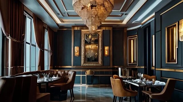 Elegant Dining Room Interior with Gold Accents and Chandelier