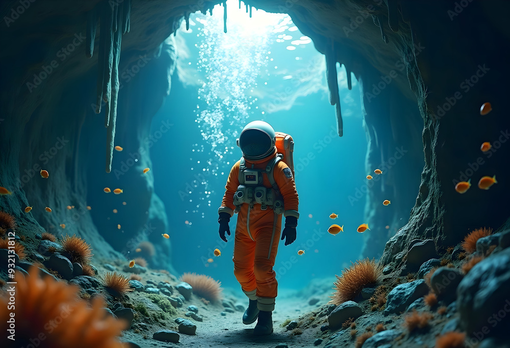Wall mural an astronaut in an orange spacesuit exploring an underwater environment with schools of fish swimmin