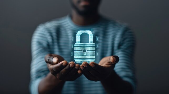 Secure Your Data with Cutting-Edge Technology - Man Holding Holographic Padlock for Personal Data Security