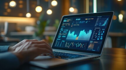 Digital business marketing data management on virtual screen, Businessman use laptop work marketing analysis chart strategic planning analytics dashboard with management data work in modern office