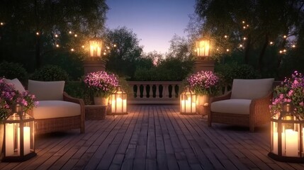 A cozy terrace features wooden outdoor furniture and decorative plants, illuminated by warm light, creating a relaxing atmosphere for summer evenings behind the house