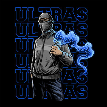 man football soccer supporter hooligan ultras mania with flare smoke bomb