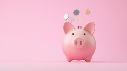 Piggy bank with passive income symbols being inserted, growing savings, 3D illustration