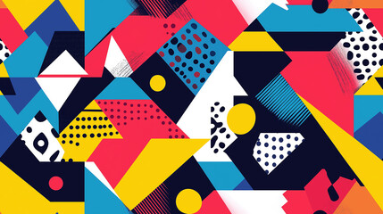 Obraz premium A vibrant geometric pattern with a combination of triangles, circles, and rectangles in bold primary colors and black accents. The design is dynamic and energetic, ideal for modern aesthetics.