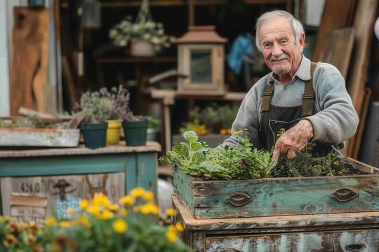 Creative Upcycling: Senior Man Repurposing Old Furniture into Garden Planters for Sustainable Waste Management at Home