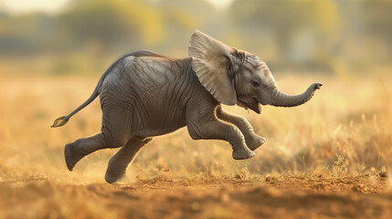 Fototapeta premium A little elephant playing in a golden field at dawn