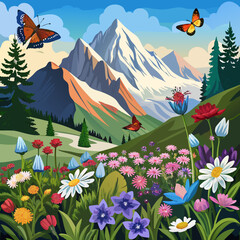 Alpine Blossoms A Vibrant Meadow of Edelweiss, Alpine Roses, and Gentians with Colorful Butterflies Against Majestic Mountain Peaks  art vector illustration