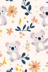 A charming seamless pattern with koalas, flowers, and leaves in soft colors, perfect for children's products, textiles, and decor.