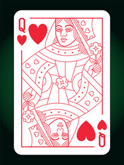 Queen Hearts suit playing card, vintage classic design, isolated on white, editable vector stroke line.