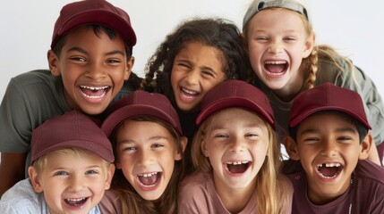 Obraz premium Eight cheerful children wearing matching caps share laughter and joy in a bright indoor space, creating a warm and happy atmosphere