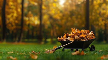 A wheelbarrow filled with vibrant autumn leaves leans against a pile on the green grass, accompanied by a bright yellow rake, ready for fall cleanup
