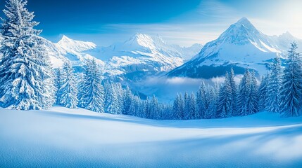 Obraz premium A snowy landscape with trees and mountains in the background