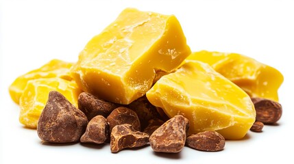 A pile of pieces of chocolate and nuts on a white background