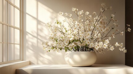 Fototapeta premium elegant white podium display showcasing a delicate spring flower arrangement bathed in soft light against a minimalist backdrop